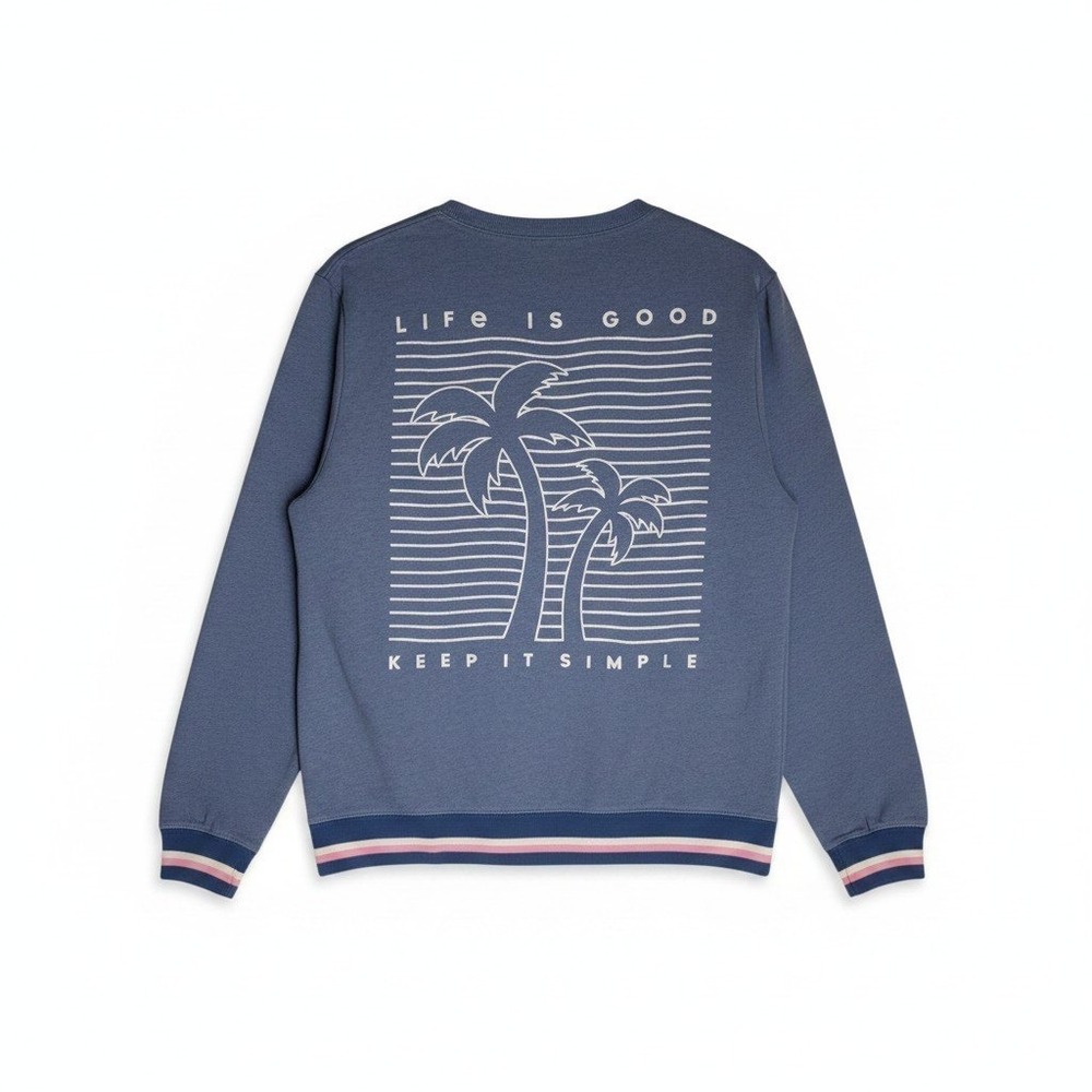 Life is Good Womens Large Blue Palm Tree Keep It Simple Striped Crew Sweatshirt - Picture 3 of 10